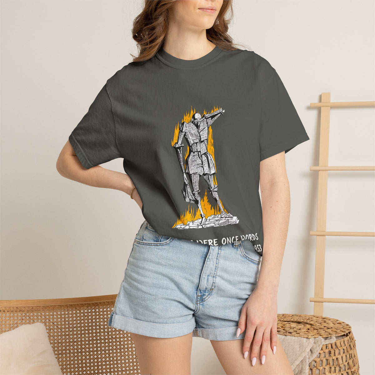 Fahrenheit 451 literary T-shirt with burning pages and “The Ashes Were Once Words” design on a garment-dyed unisex T-shirt, product view