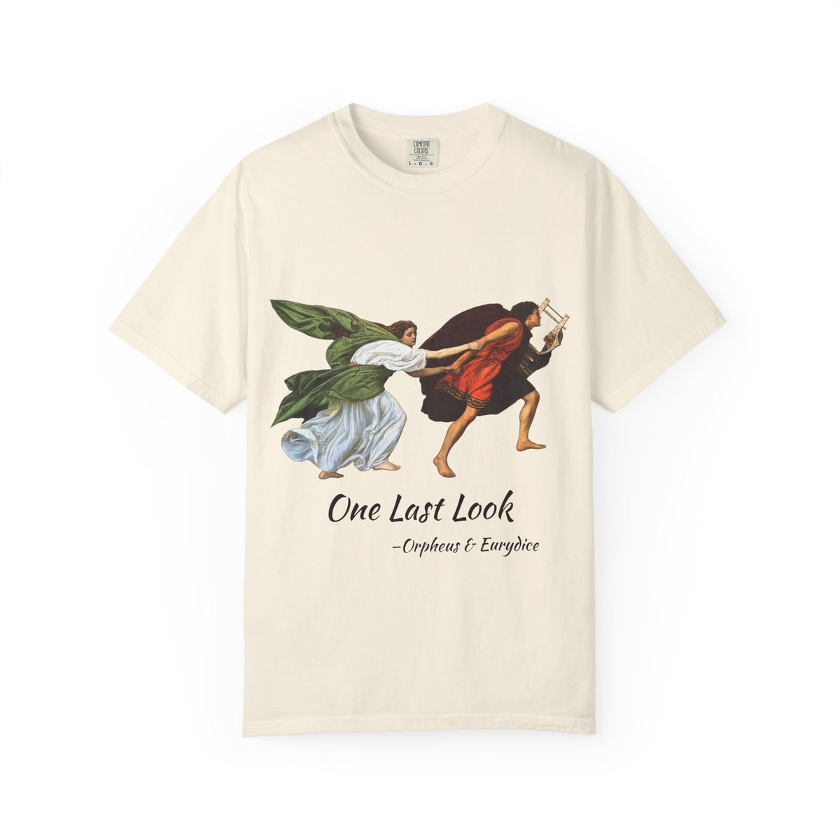 Orpheus and Eurydice mythology T-shirt with “One Last Look” classical illustration on a garment-dyed unisex T-shirt, product view