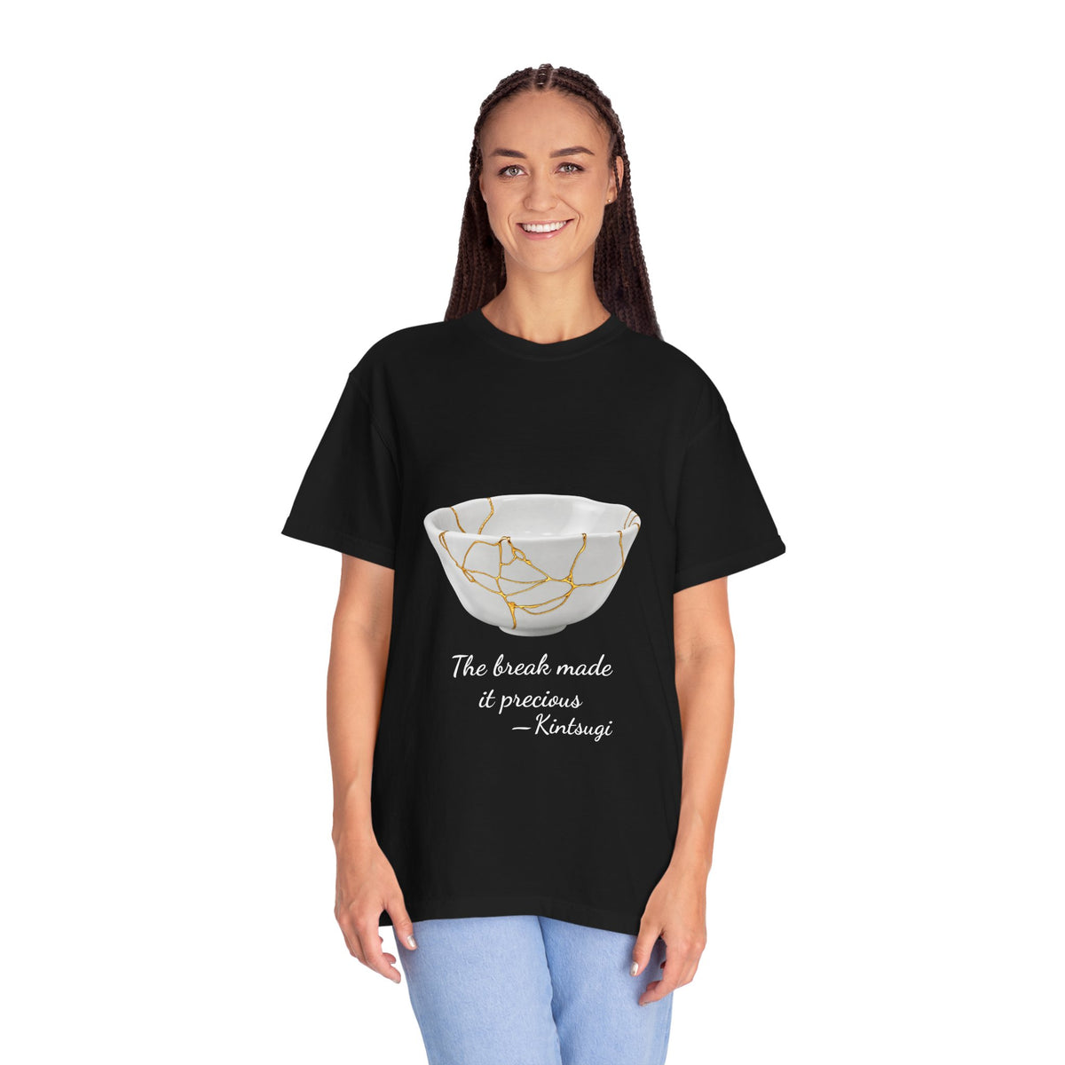 Kintsugi 'The break made it precious' T-shirt in Black on a model, with the bowl printed in white and gold
