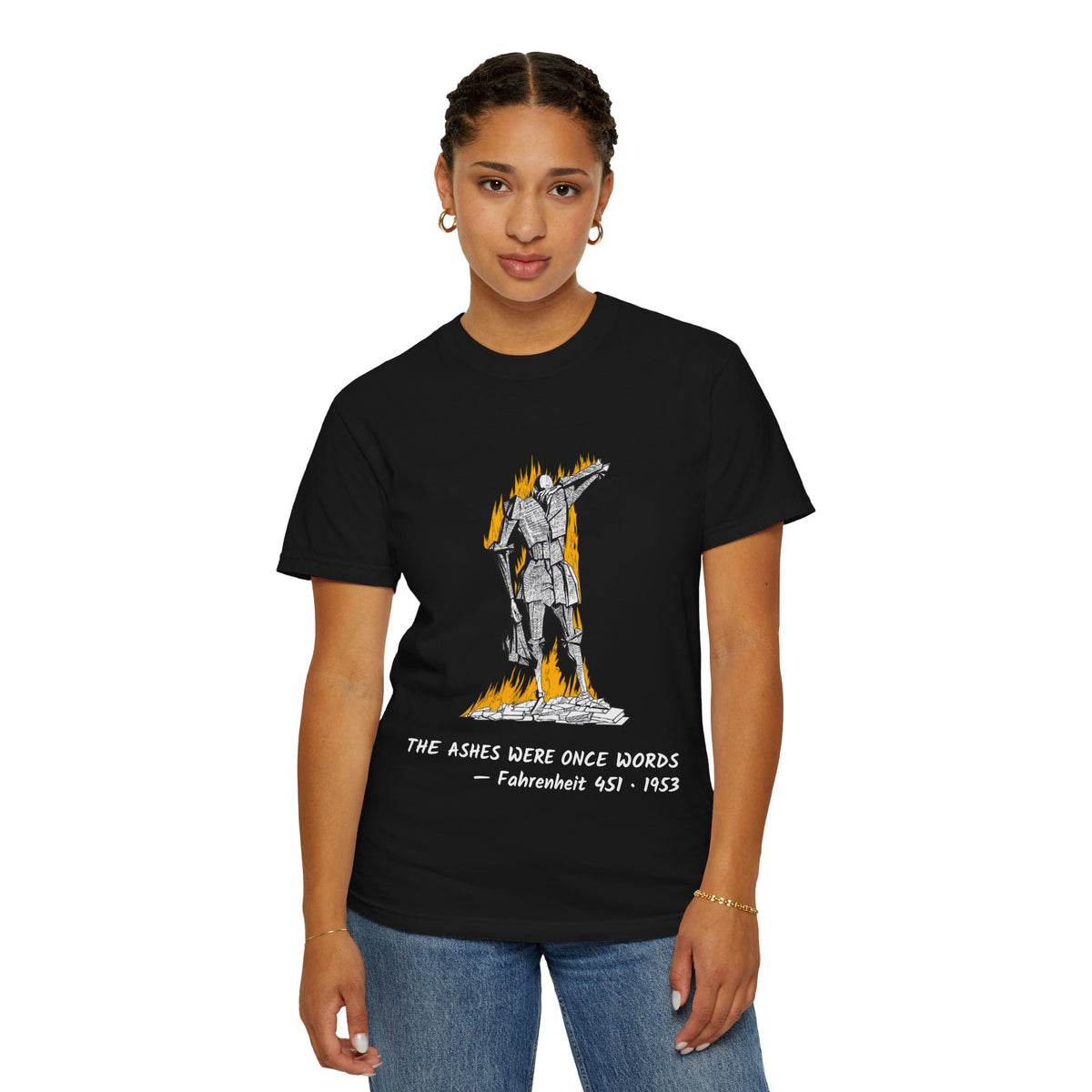 Fahrenheit 451 literary T-shirt with burning pages and “The Ashes Were Once Words” design on a garment-dyed unisex T-shirt, product view