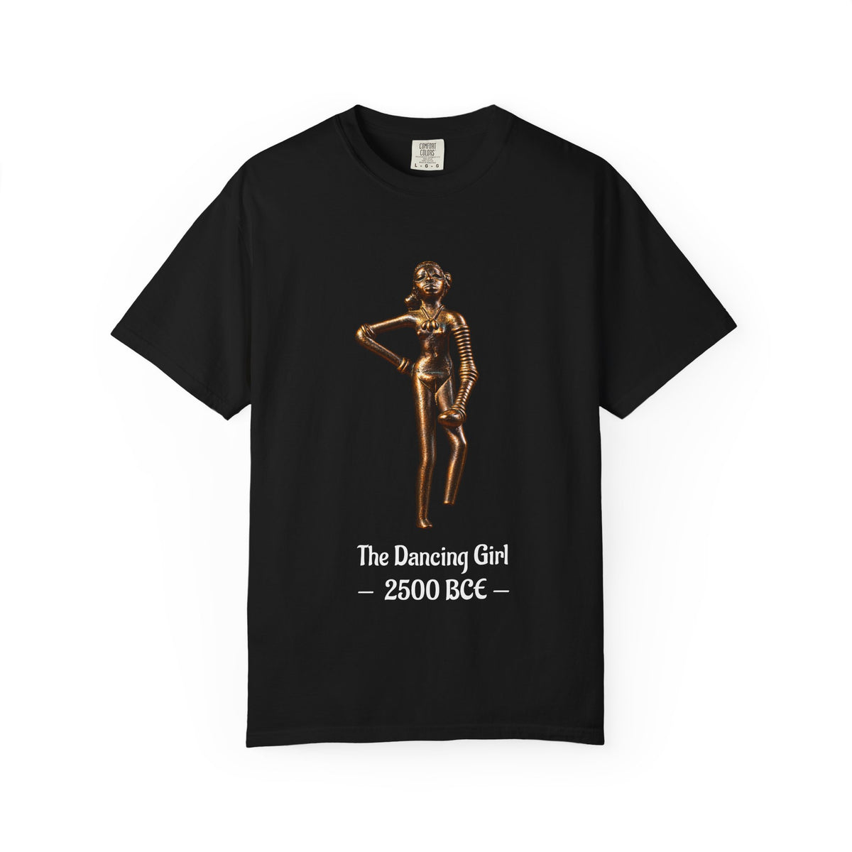 Dancing Girl of Mohenjo-daro T-shirt with the Indus Valley bronze figure and 2500 BCE design on a garment-dyed unisex T-shirt, product view