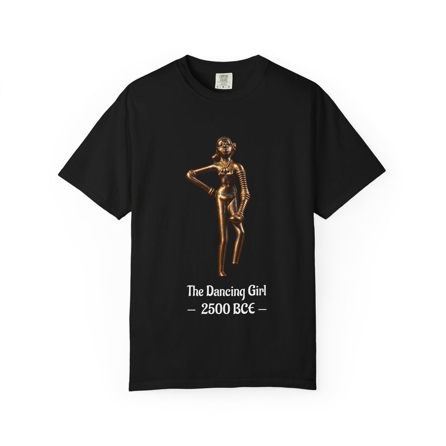 Dancing Girl of Mohenjo-daro T-shirt with the Indus Valley bronze figure and 2500 BCE design on a garment-dyed unisex T-shirt, product view