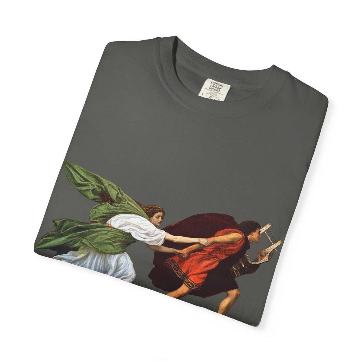 Orpheus and Eurydice mythology T-shirt with “One Last Look” classical illustration on a garment-dyed unisex T-shirt, product view
