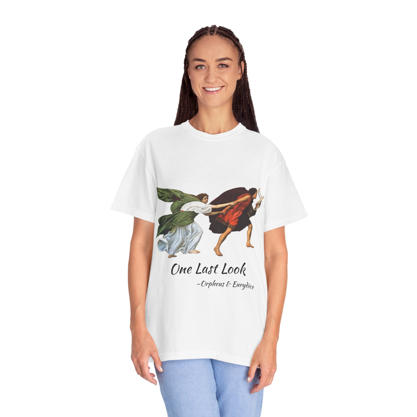Orpheus and Eurydice mythology T-shirt with “One Last Look” classical illustration on a garment-dyed unisex T-shirt, product view