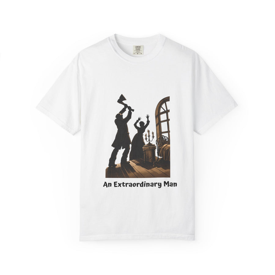 Crime and Punishment 'An Extraordinary Man' T-shirt in White, worn on a St Petersburg embankment at dusk