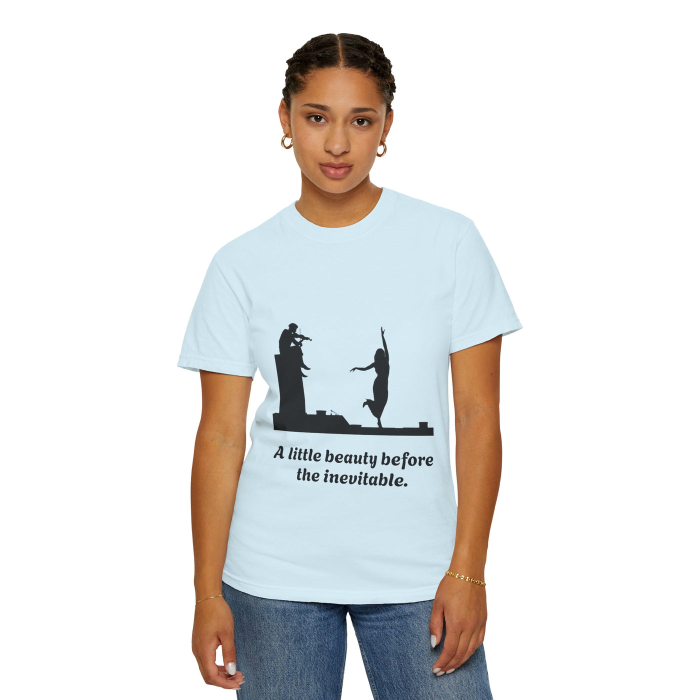 Vintage violin graphic T-shirt showing a violinist, dancing figure and “A Little Beauty Before the Inevitable” on a garment-dyed unisex T-shirt, product view