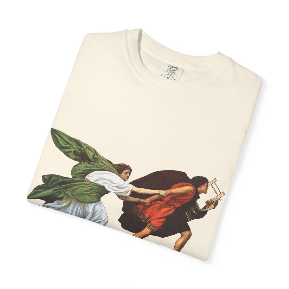 Orpheus and Eurydice mythology T-shirt with “One Last Look” classical illustration on a garment-dyed unisex T-shirt, product view