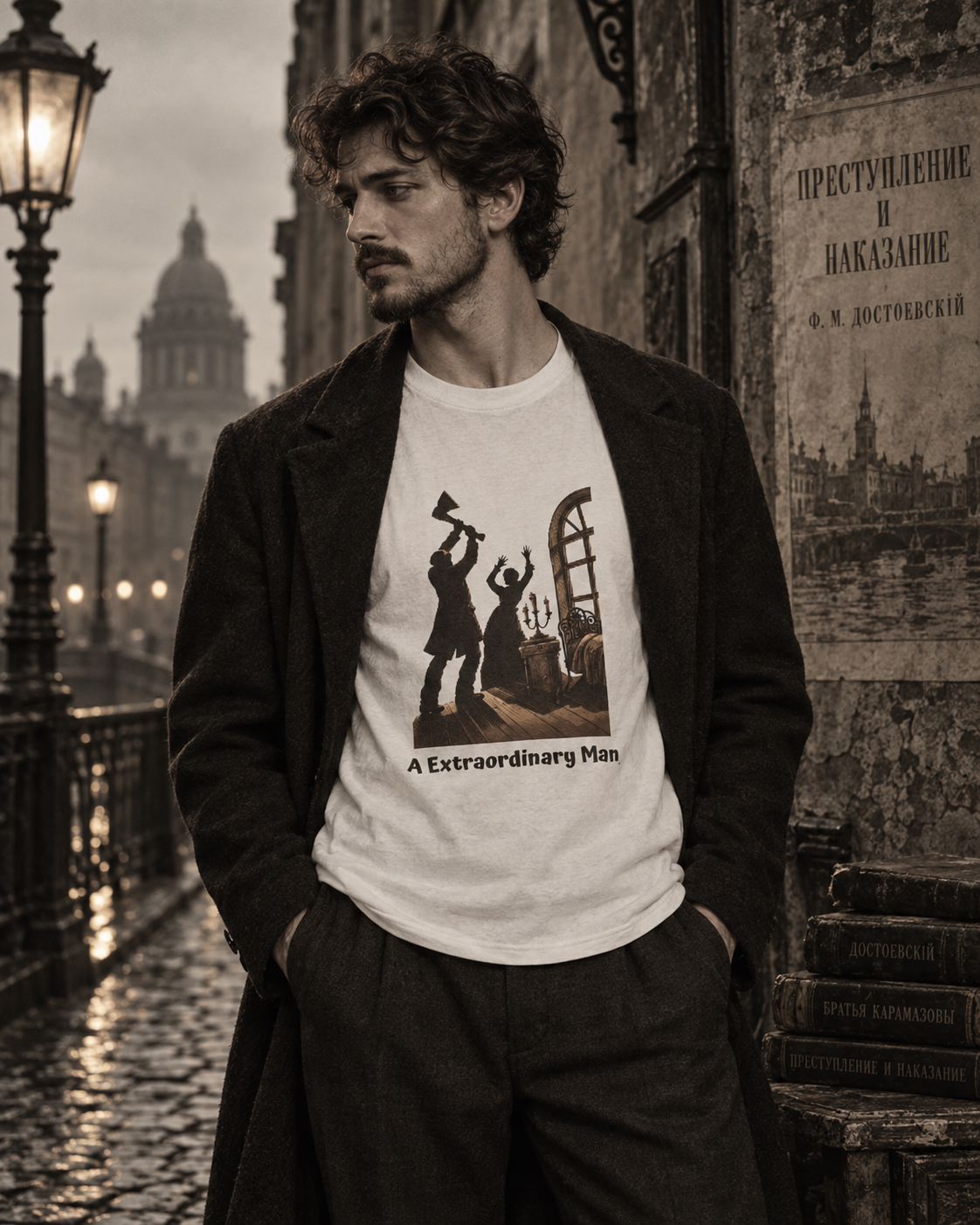 Crime and Punishment 'An Extraordinary Man' T-shirt under a dark coat on a rainy street, black-and-white photograph