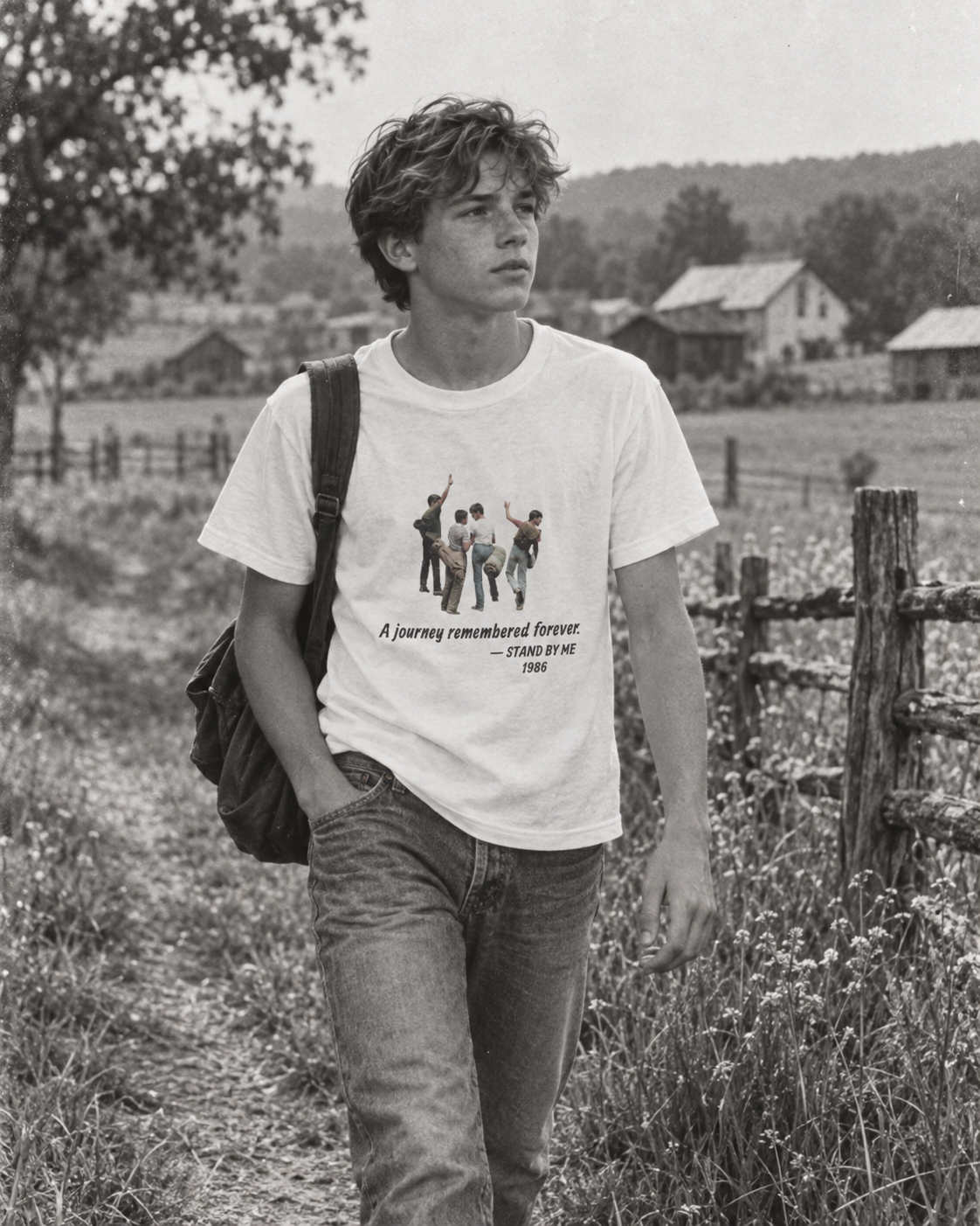 Stand by Me 1986 T-shirt in White on a walker by a country fence, black-and-white photograph, wider view