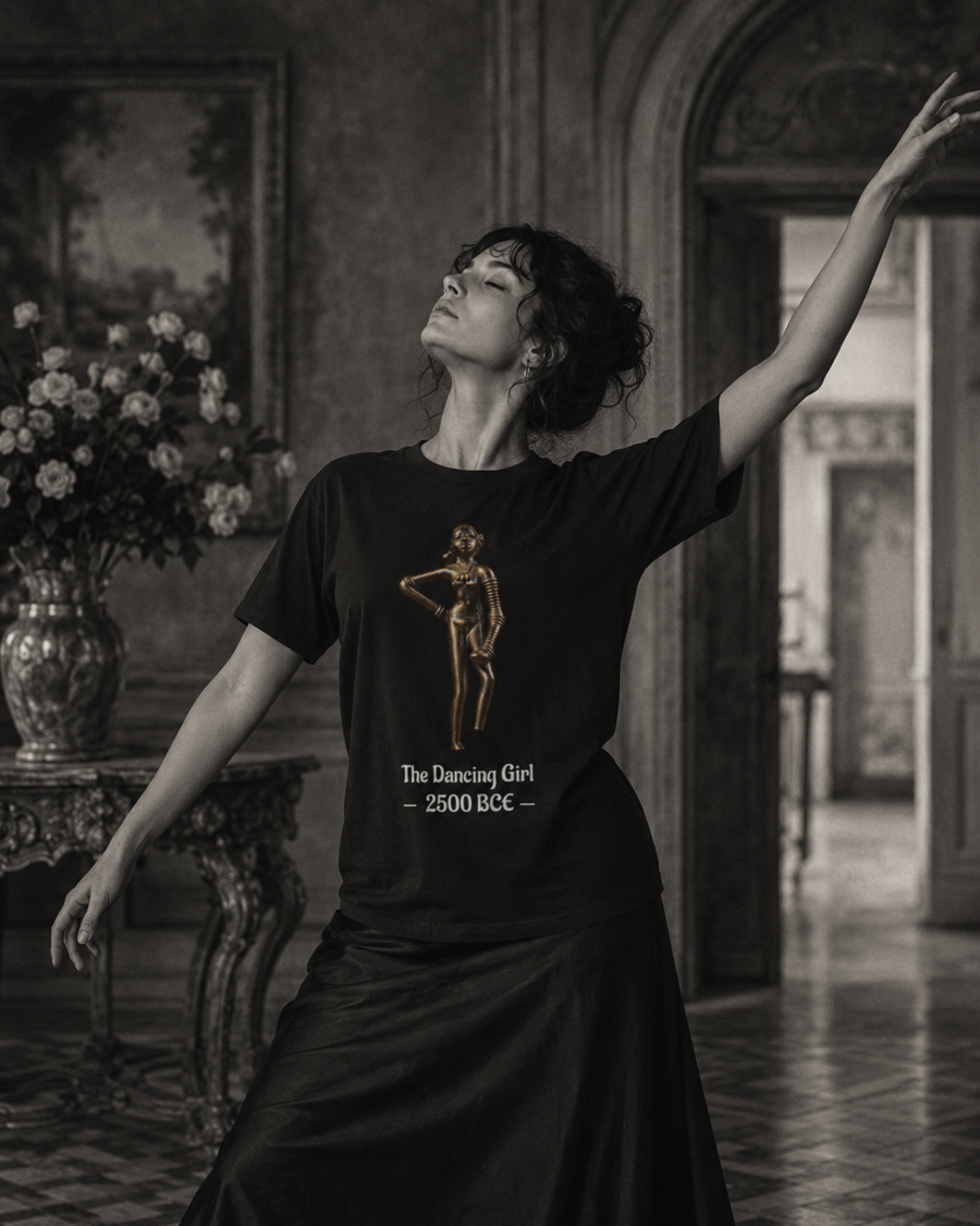Dancing Girl of Mohenjo-daro T-shirt with the Indus Valley bronze figure and 2500 BCE design