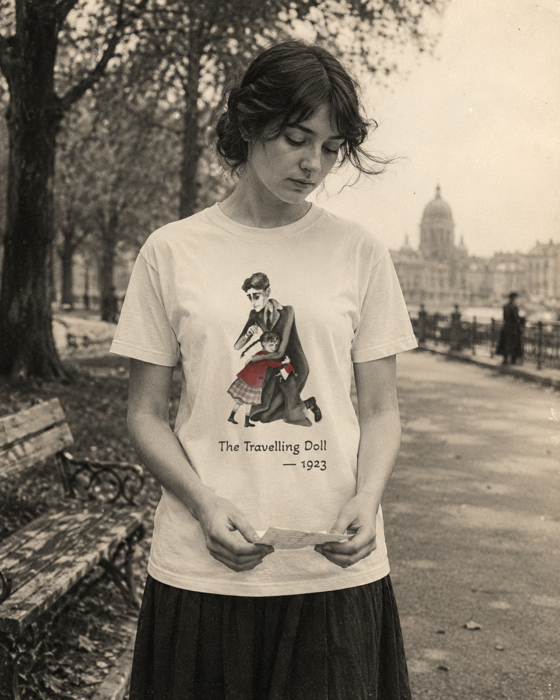 Kafka and the Travelling Doll literary T-shirt with a vintage storyteller illustration