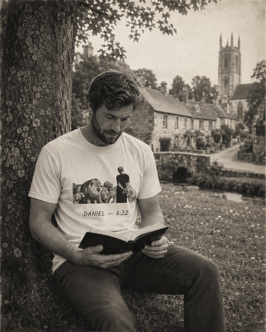 Daniel 6:22 Christian T-shirt showing Daniel standing peacefully among lions