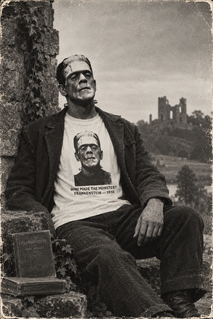 Frankenstein literary T-shirt with a vintage monster portrait and “Who Made the Monster?”