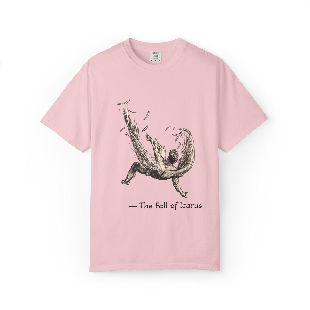 Fall of Icarus Greek mythology T-shirt in Blossom — falling winged figure, garment-dyed unisex tee