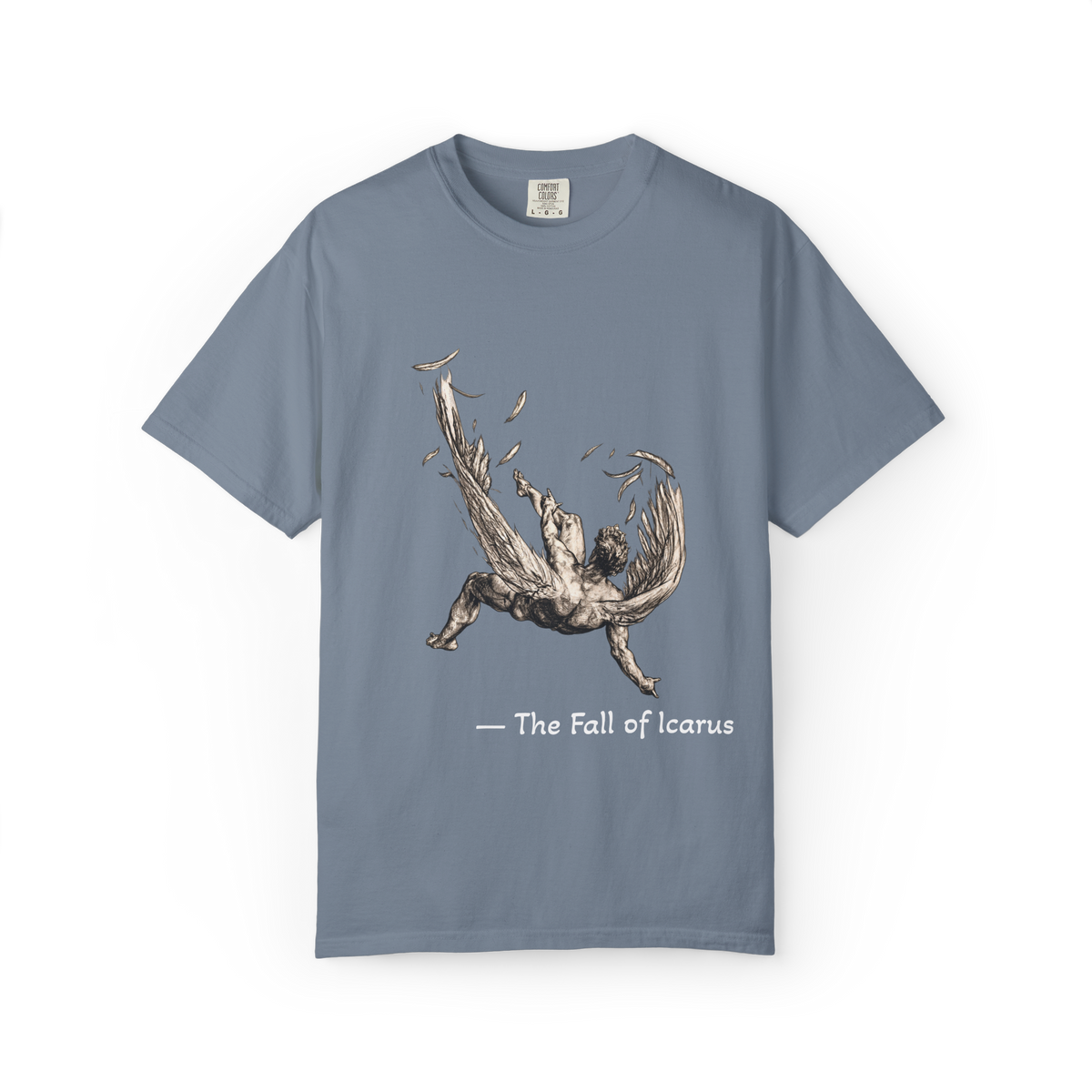 Fall of Icarus Greek mythology T-shirt in Blue Jean — falling winged figure, garment-dyed unisex tee