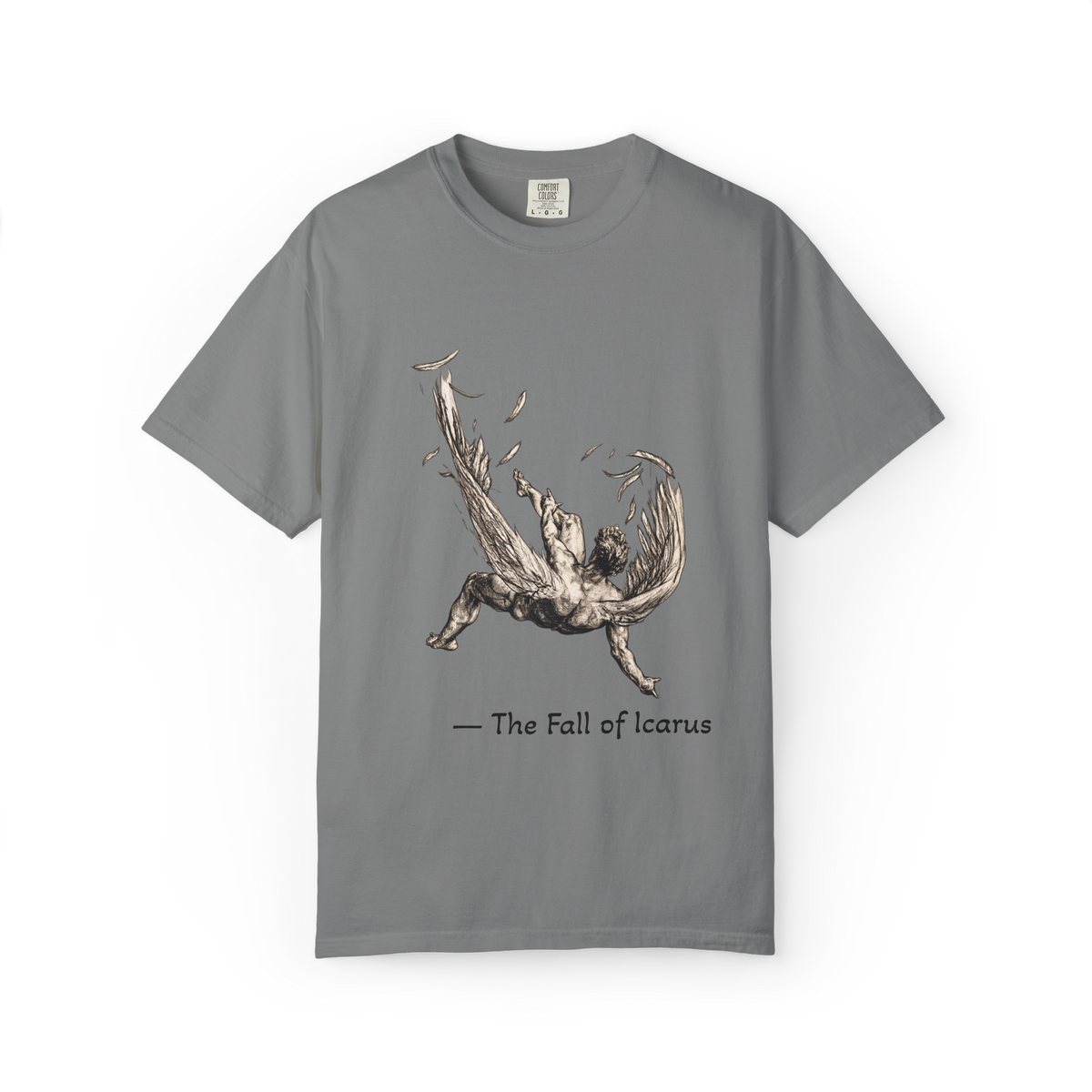 Fall of Icarus Greek mythology T-shirt in Grey — falling winged figure, garment-dyed unisex tee