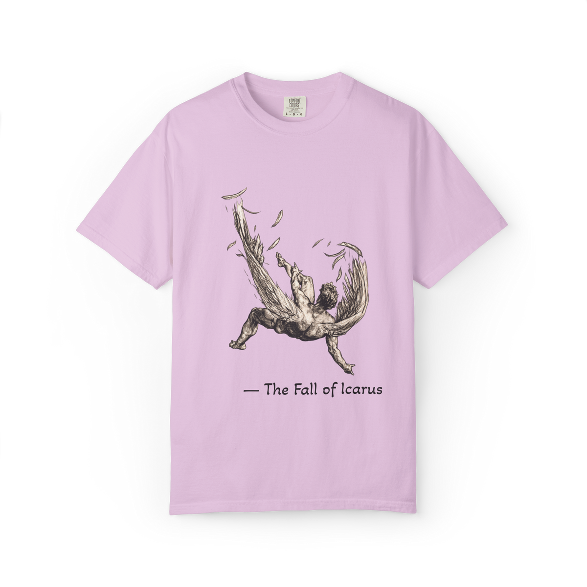 Fall of Icarus Greek mythology T-shirt in Orchid — falling winged figure, garment-dyed unisex tee
