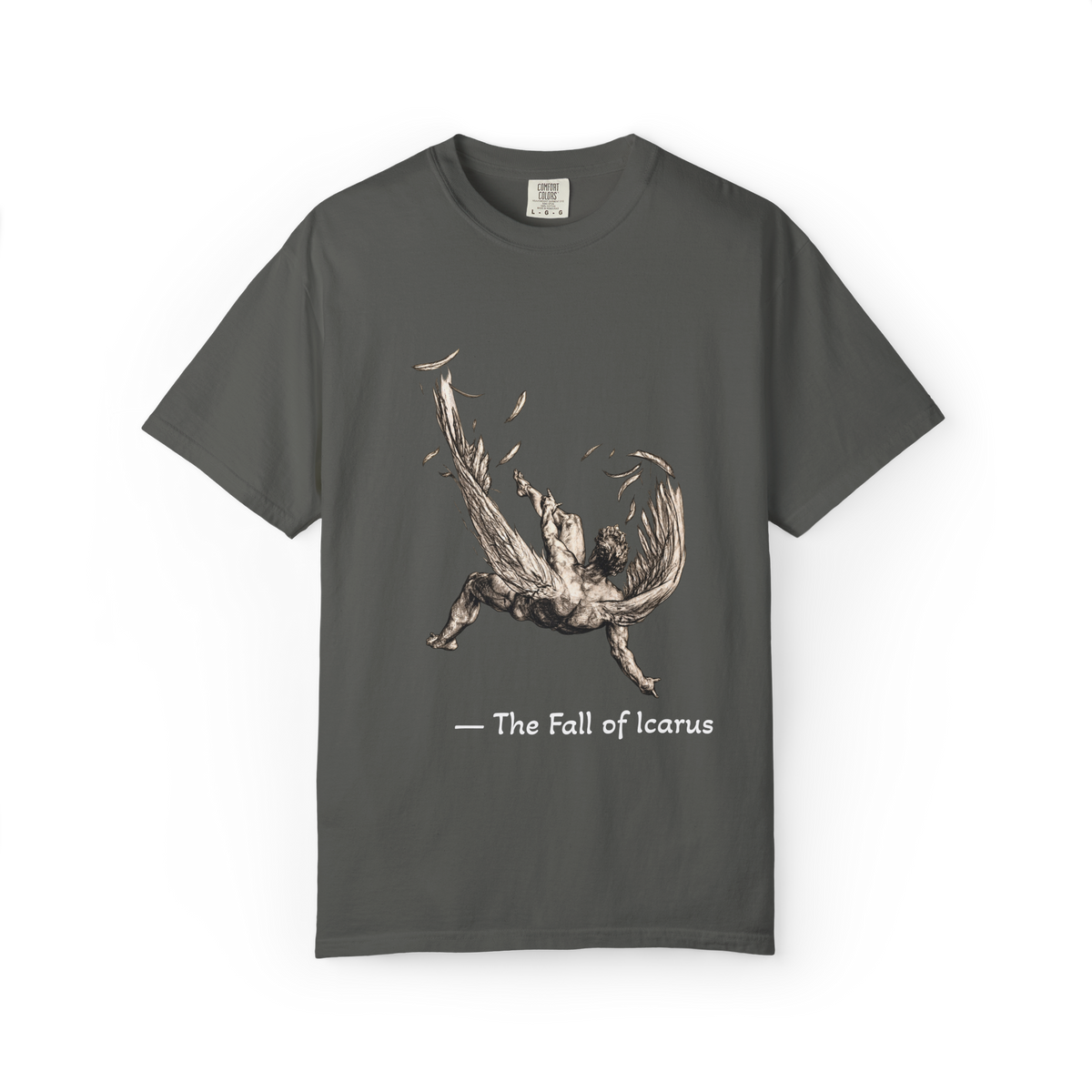 Fall of Icarus Greek mythology T-shirt in Pepper — falling winged figure, garment-dyed unisex tee