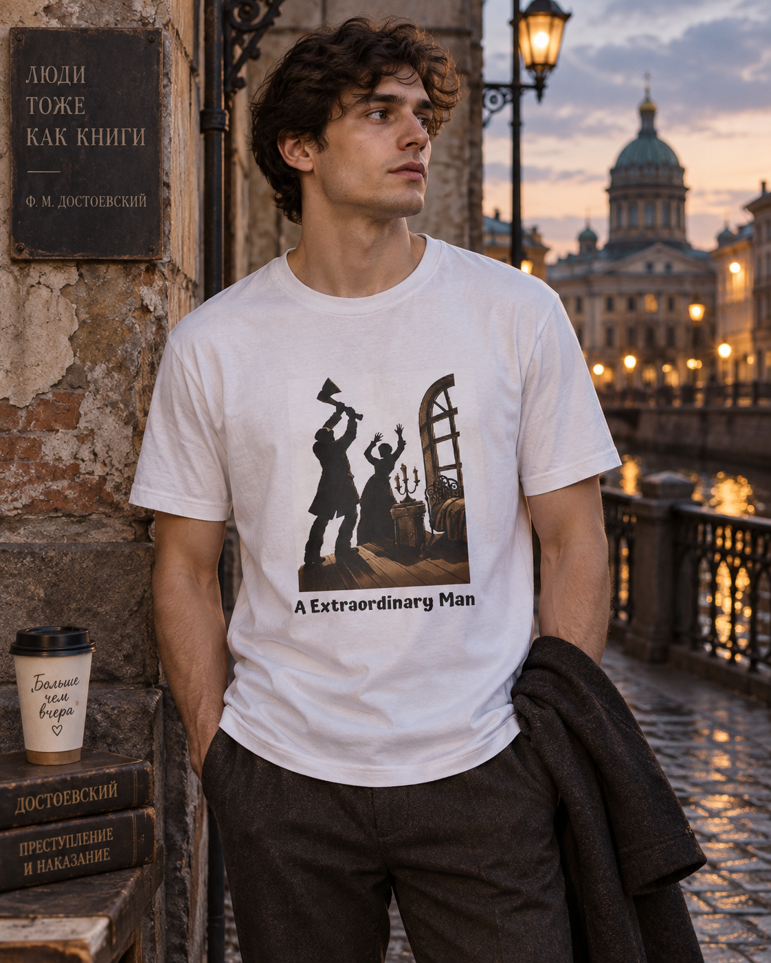 Crime and Punishment 'An Extraordinary Man' T-shirt in White, worn on a St Petersburg embankment at dusk