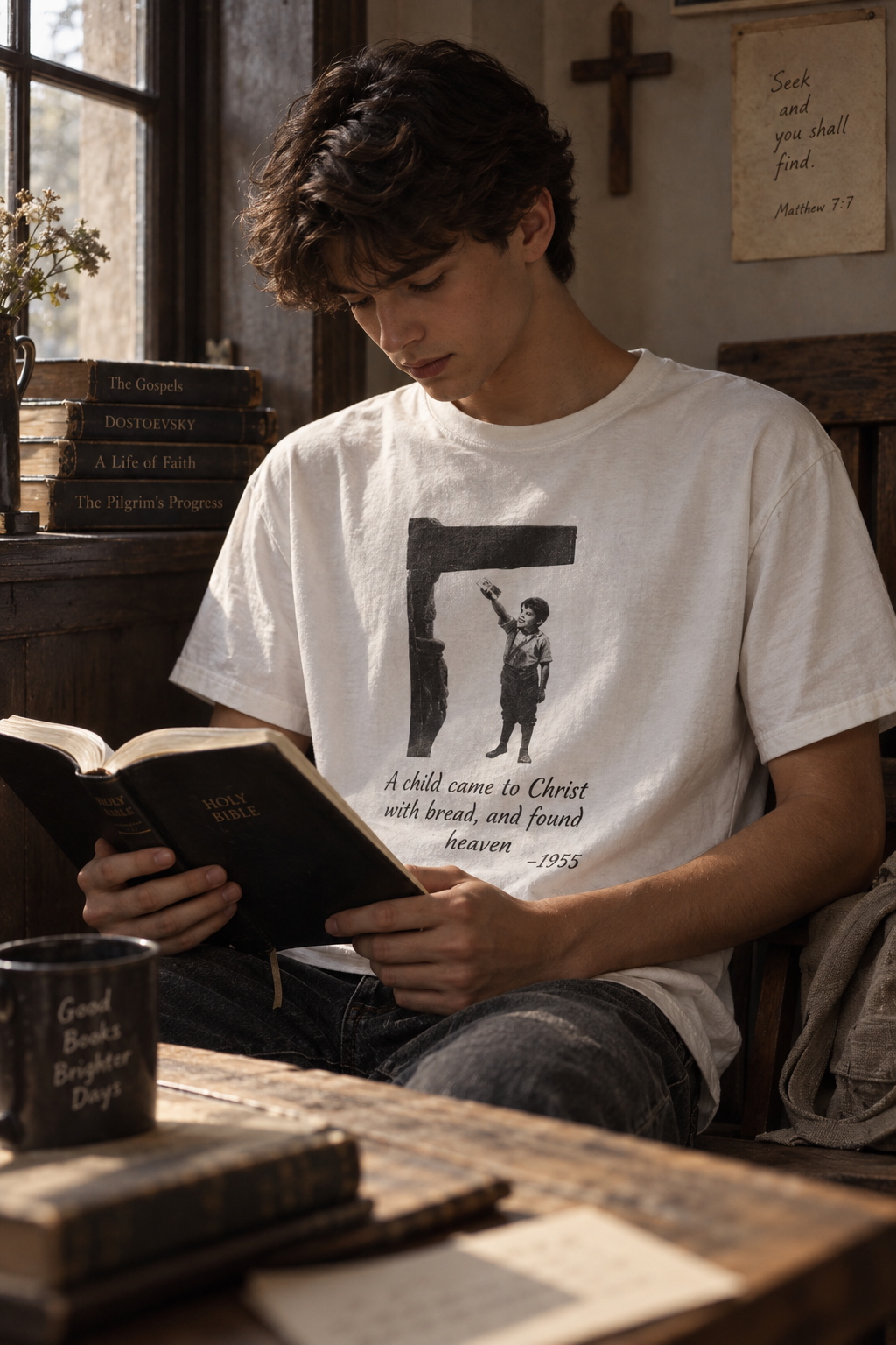 Marcelino Bread and Wine T-shirt in White, worn while reading a Bible by a window