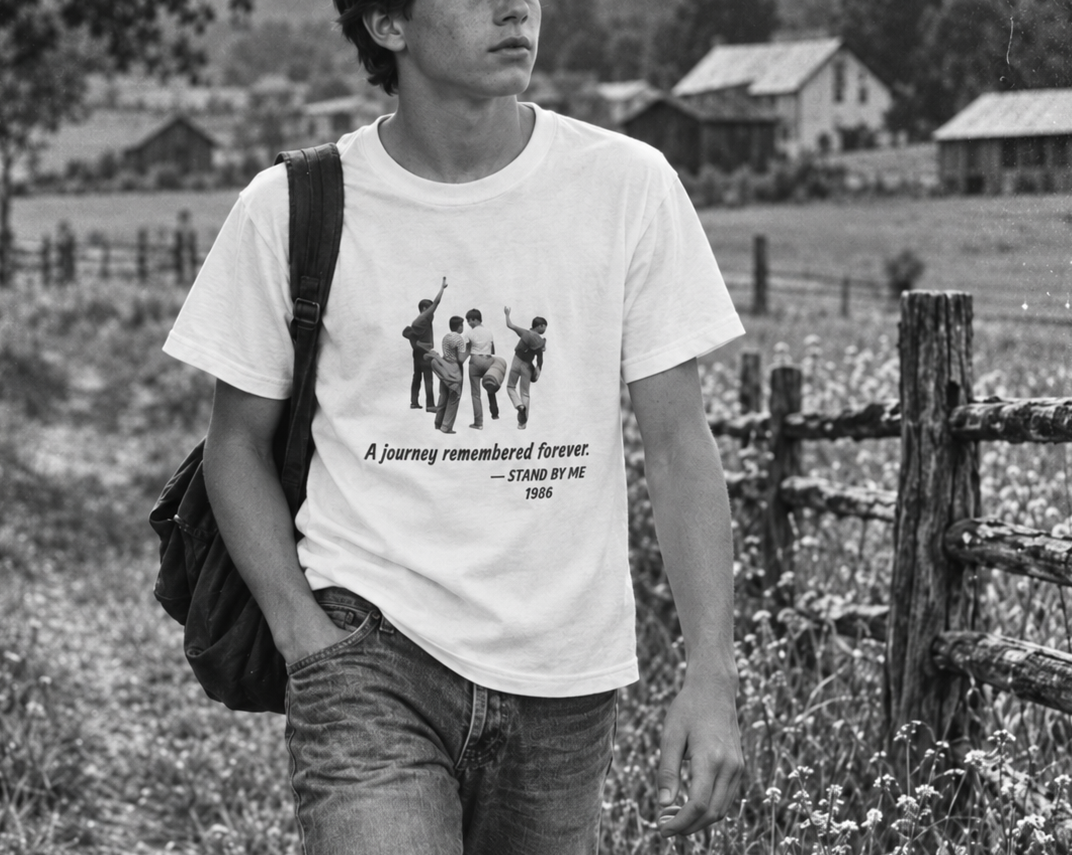 Stand by Me 1986 T-shirt in White on a walker with a backpack by a country fence, black-and-white photograph
