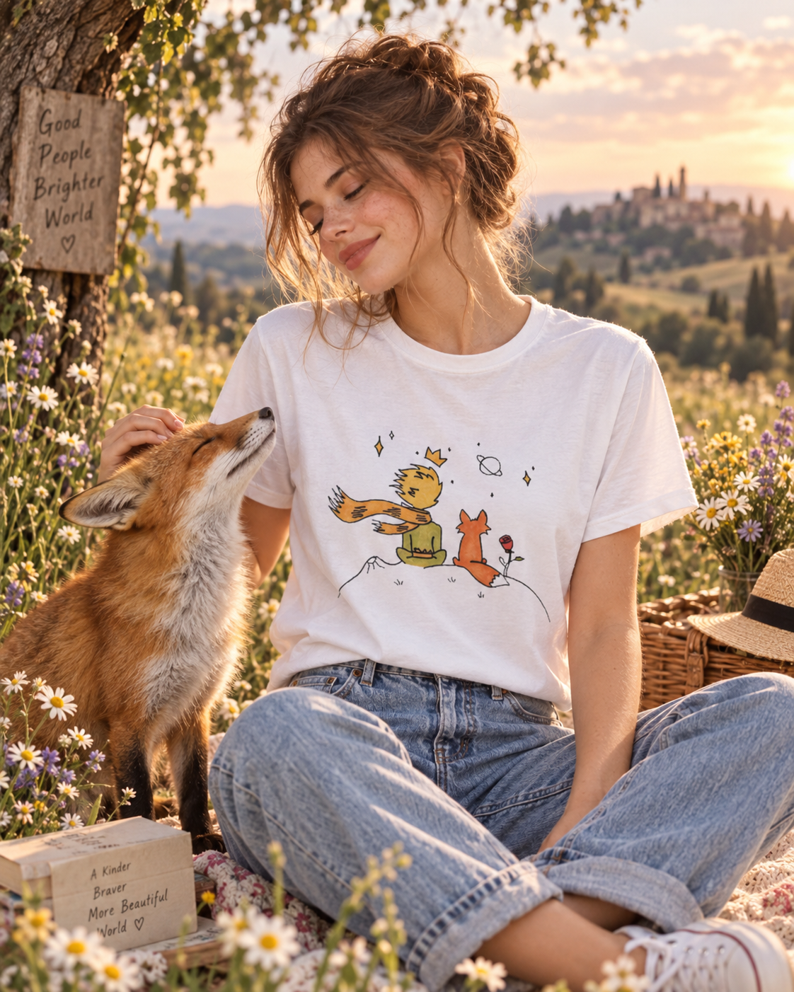 The Little Prince and the Fox T-shirt in White, worn in a summer meadow beside a fox at golden hour
