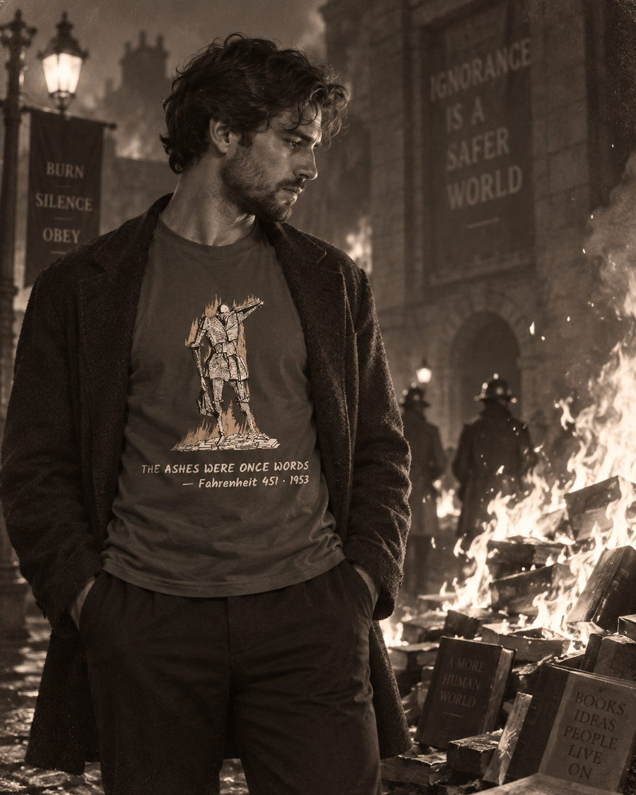 Sepia photograph of a man beside a night-time book burning, banners behind him reading burn, silence, obey, wearing a shirt printed with a fireman standing over flames and the words: the ashes were once words, Fahrenheit 451, 1953.