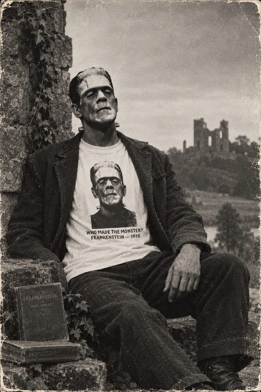 Sepia archive photograph of the creature from Frankenstein, wearing a shirt printed with the words: who made this monster? Frankenstein 1818.