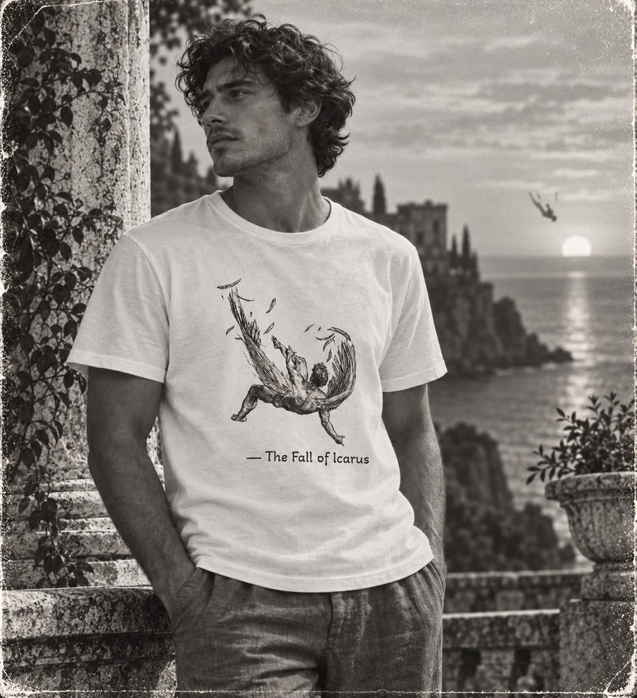 Sepia photograph of a man on a cliffside terrace at sundown, a small falling figure in the sky behind him, wearing a shirt printed with a winged man falling and the words: the fall of Icarus.