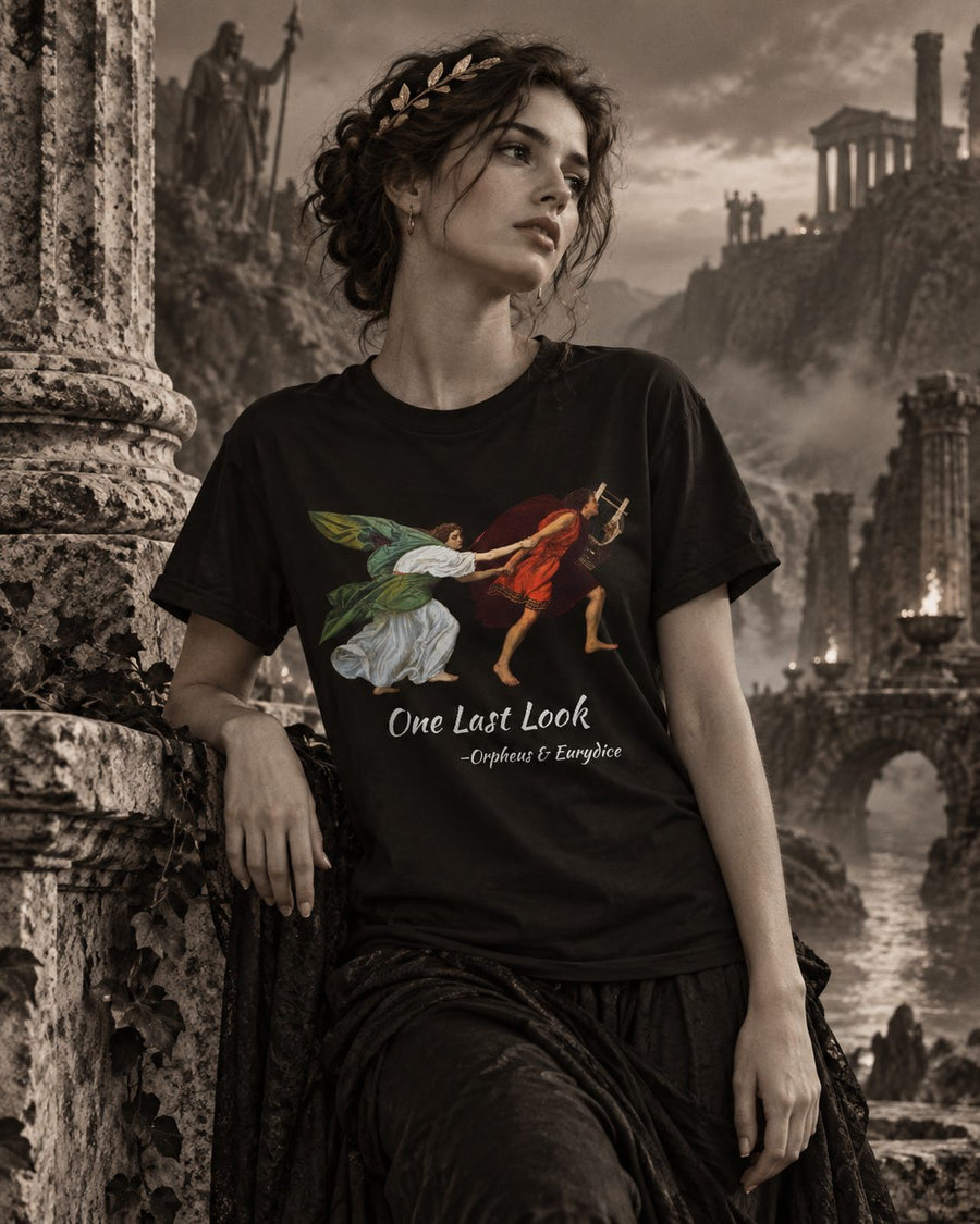 Sepia photograph of a woman seated among ivied ruins above a dark river, wearing a shirt printed with Orpheus leading Eurydice by the hand and the words: one last look, Orpheus and Eurydice.